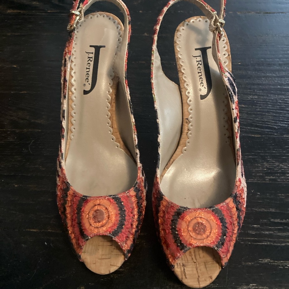 J.Renee Bo-Ho Women's Red and Orange Psychedelic Peep-Toe Heels.